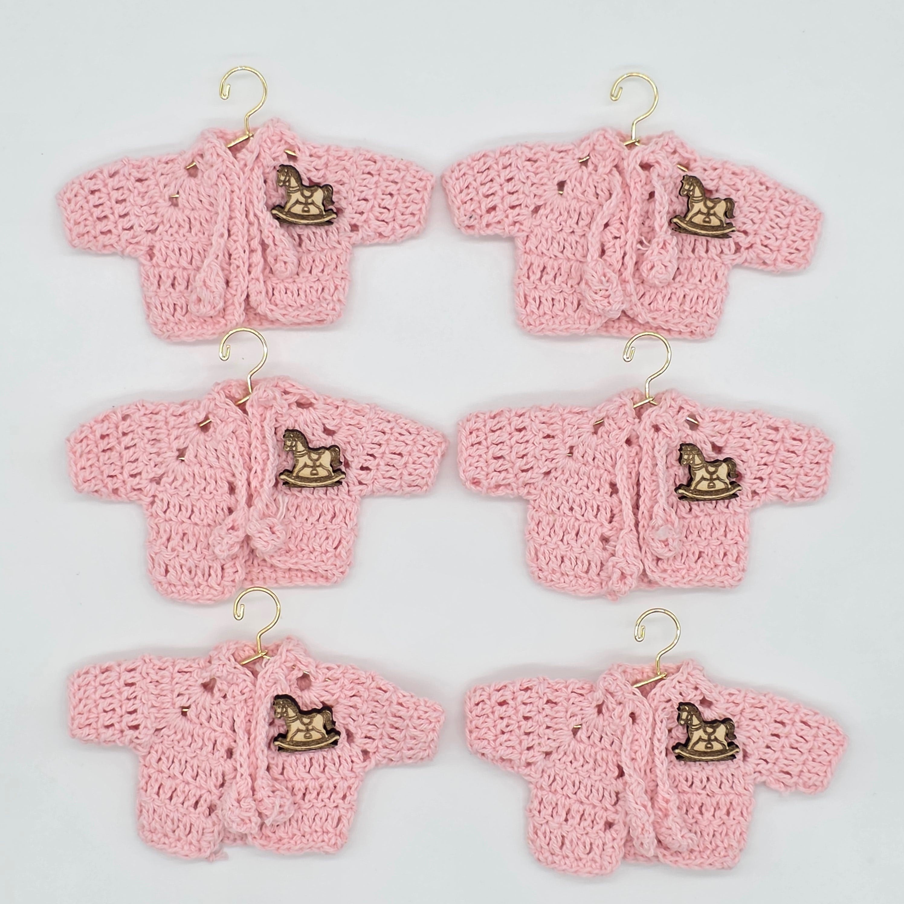 Set of 6 Mini Crochet Baby Shower Favors - Pink Tiny Party Gifts - Jacket Keepsakes with Rocking Horse Charm & Gold Hanger Options