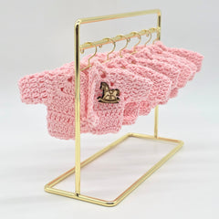 Set of 6 Mini Crochet Baby Shower Favors - Pink Tiny Party Gifts - Jacket Keepsakes with Rocking Horse Charm & Gold Hanger Options