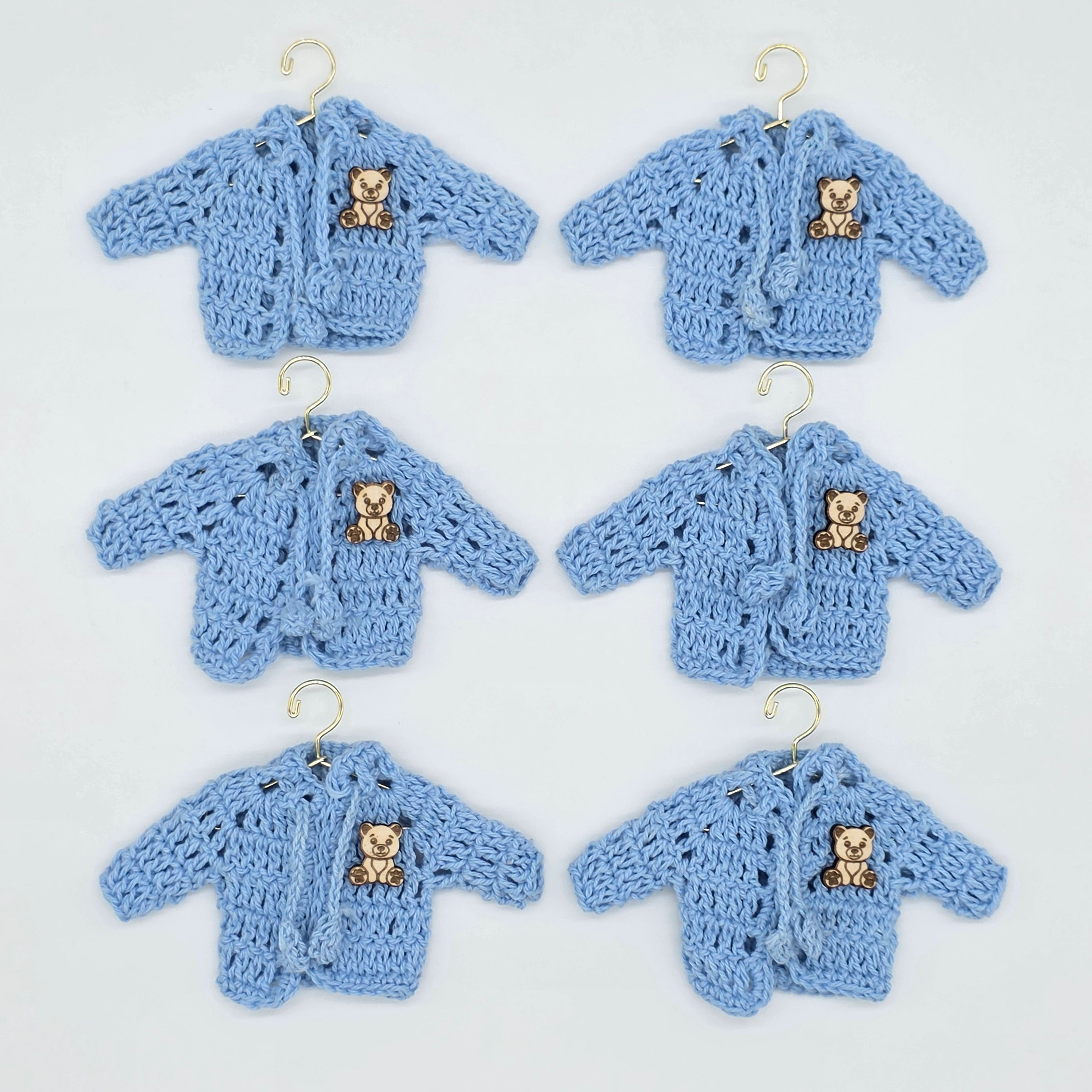 6pc Baby Blue Mini Crochet Jacket Party Gift & Party Favors with Teddy Bear Charms for Baby Shower, Baptism, Gender Reveal