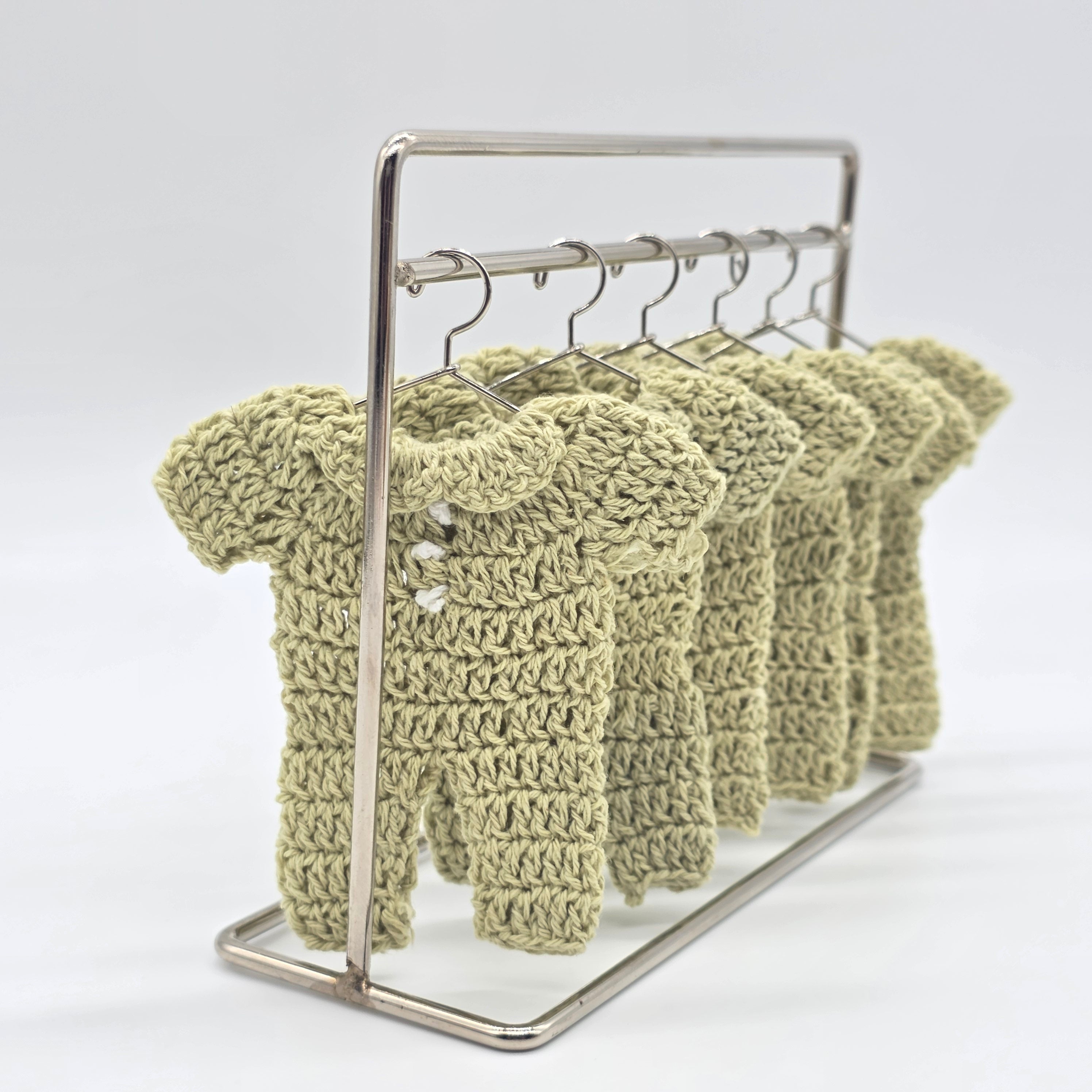 Sage Green Crochet Mini Onesie Party Favor - Set of 6 Boho Baby Shower Party Gift & Decor with Hanger & Rack Options