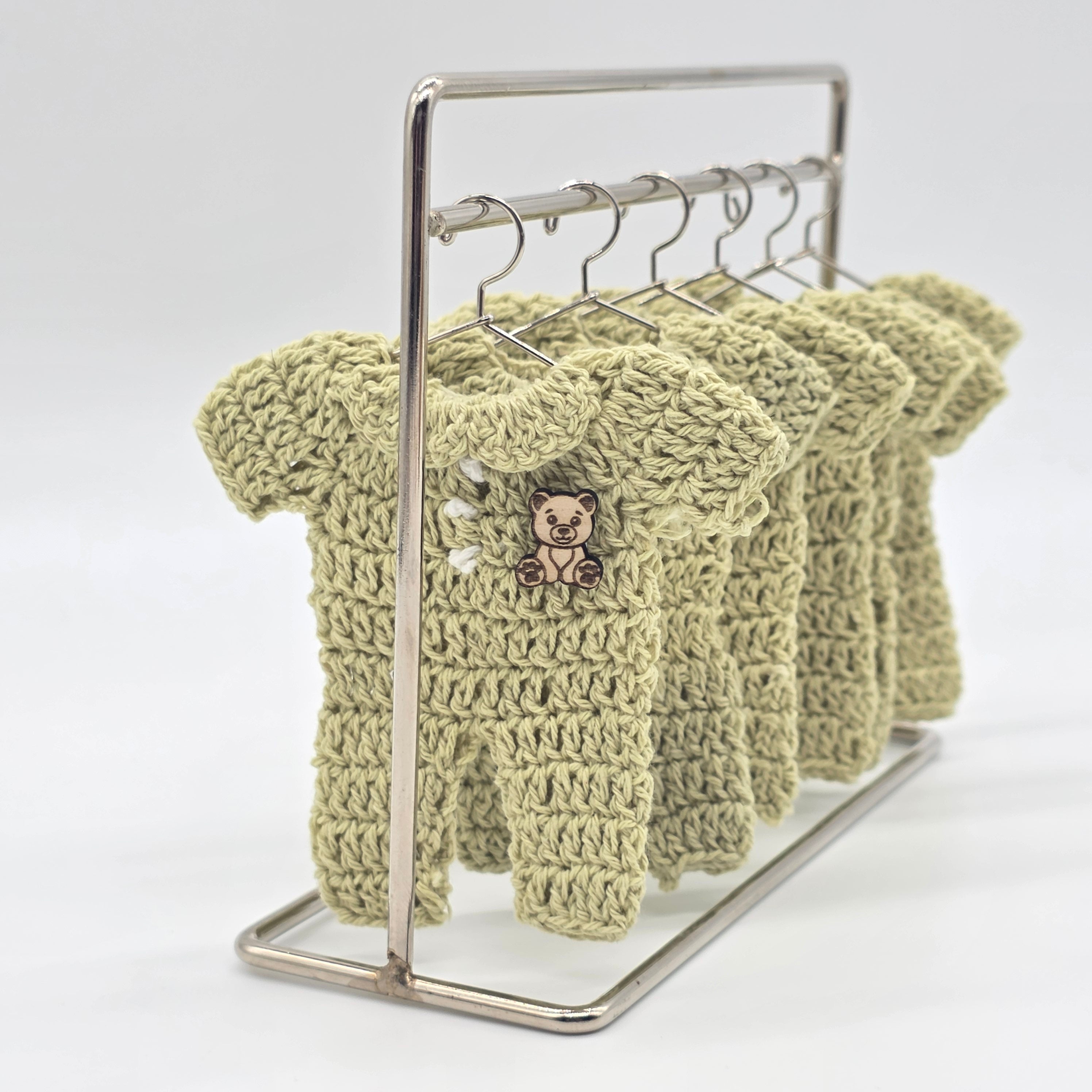 Mini Crochet Sage Green Onesie Baby Shower Favors - Set of 6 Teddy Bear Charm Crochet Party Gifts with Hanger and Rack Options - Party Favor