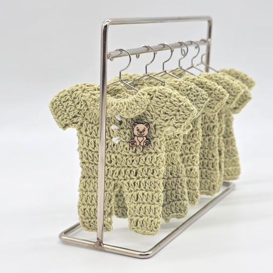 Mini Crochet Sage Green Onesie Baby Shower Favors - Set of 6 Teddy Bear Charm Crochet Party Gifts with Hanger and Rack Options - Party Favor
