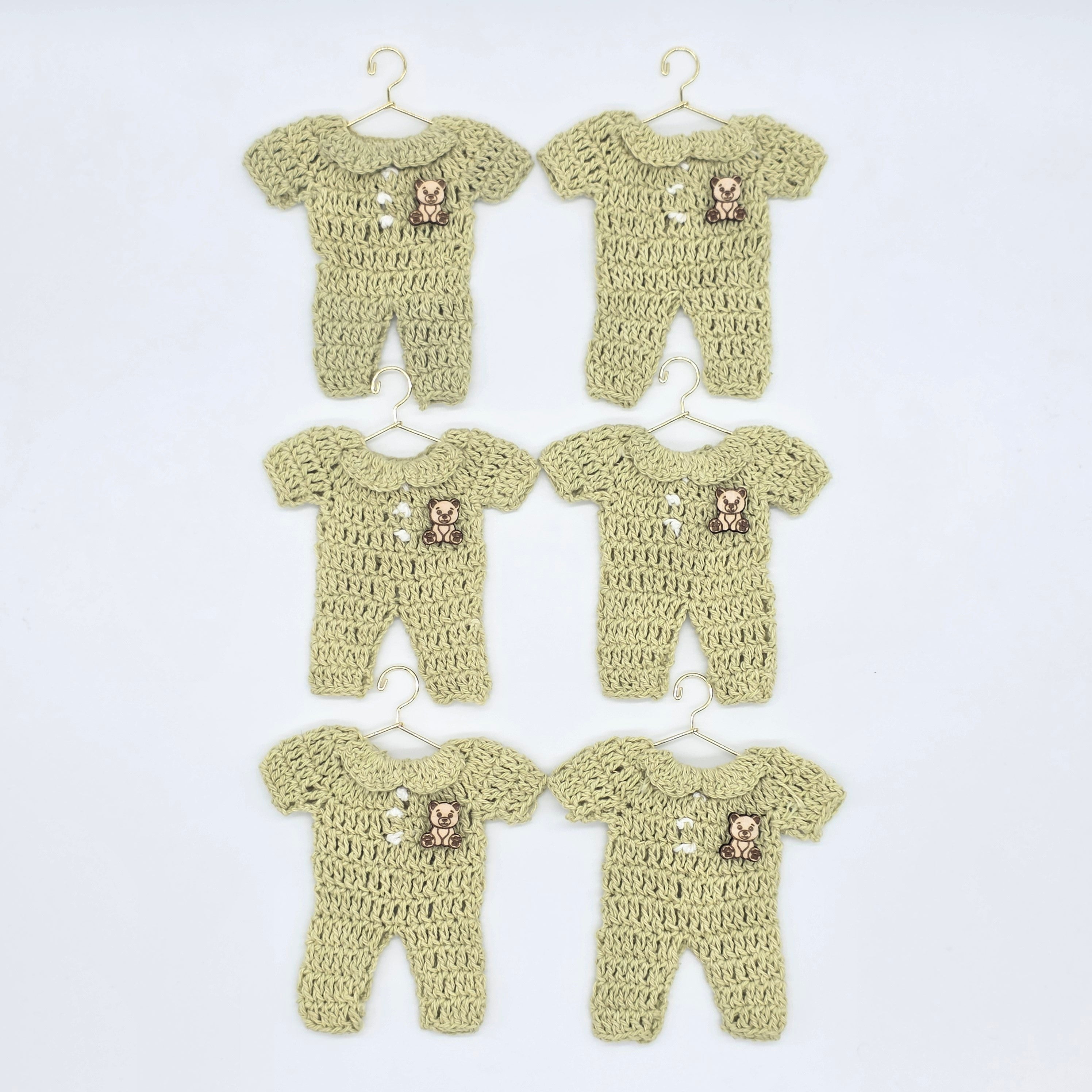 Mini Crochet Sage Green Onesie Baby Shower Favors - Set of 6 Teddy Bear Charm Crochet Party Gifts with Hanger and Rack Options - Party Favor