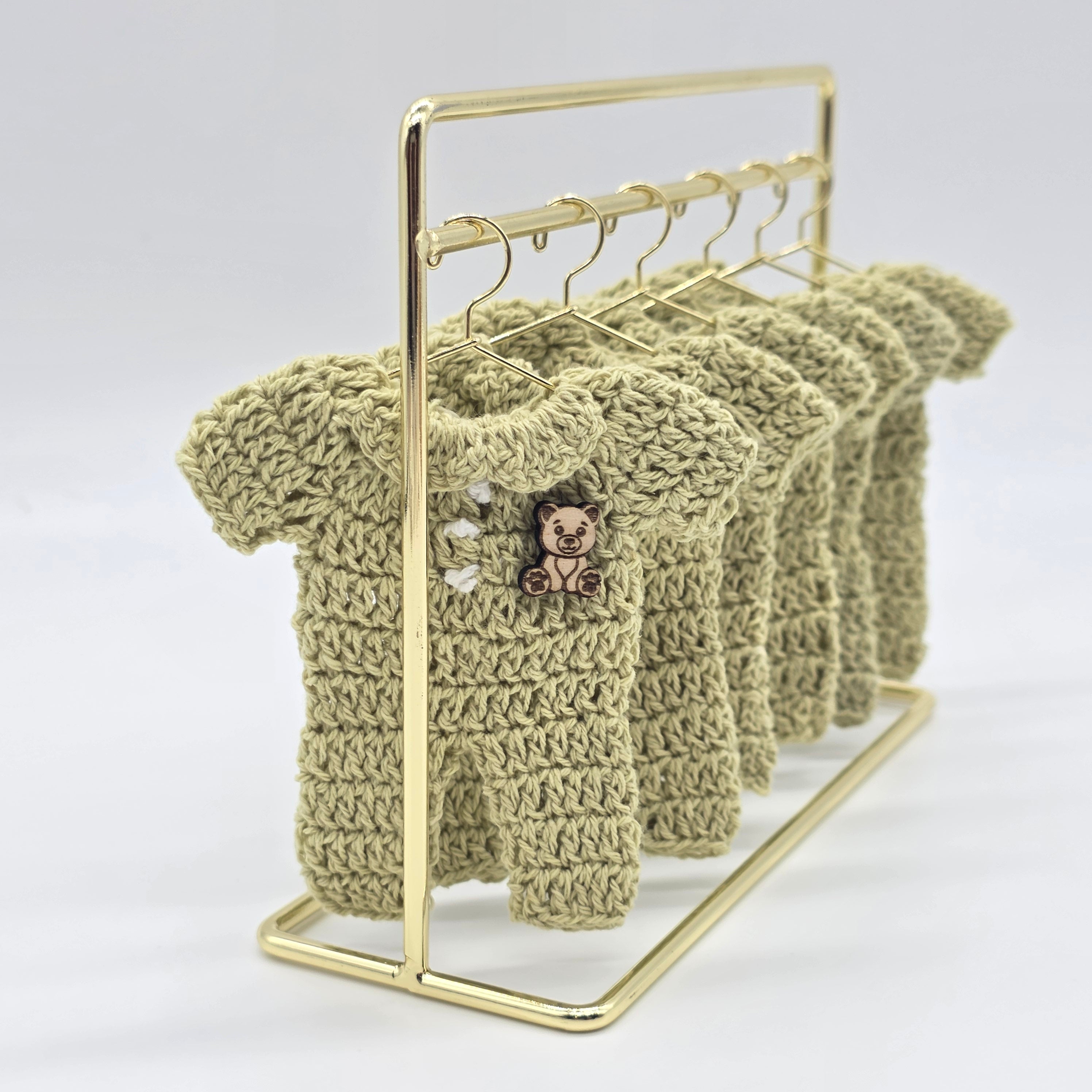 Mini Crochet Sage Green Onesie Baby Shower Favors - Set of 6 Teddy Bear Charm Crochet Party Gifts with Hanger and Rack Options - Party Favor