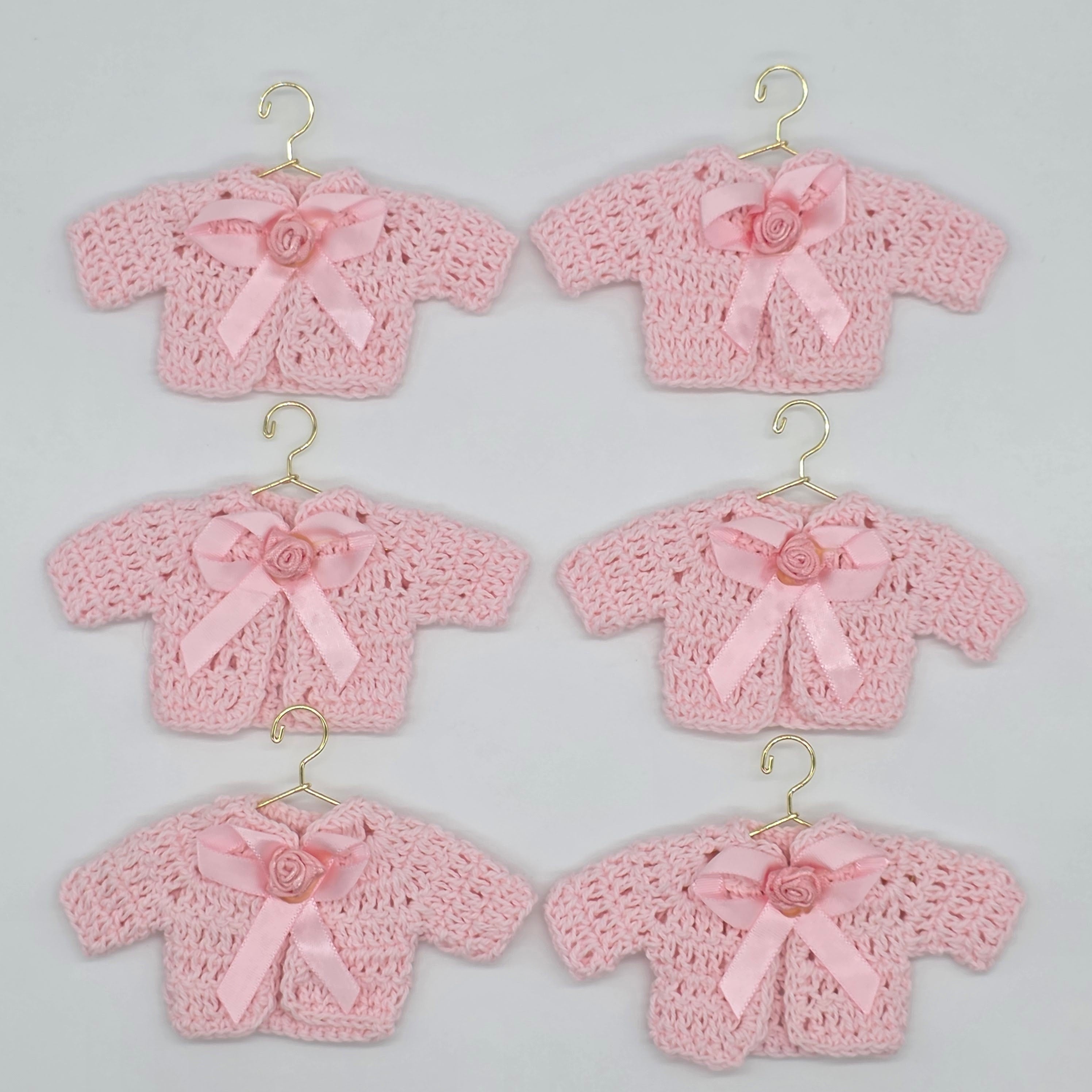 6pc Mini Pink Crochet Jacket Party Favor - Tiny Sweater Party Gift for Baby Shower & Reveal | With Gold or Rose Gold Hangers & Rack