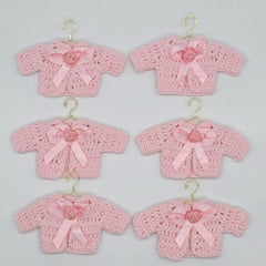 6pc Mini Pink Crochet Jacket Party Favor - Tiny Sweater Party Gift for Baby Shower & Reveal | With Gold or Rose Gold Hangers & Rack