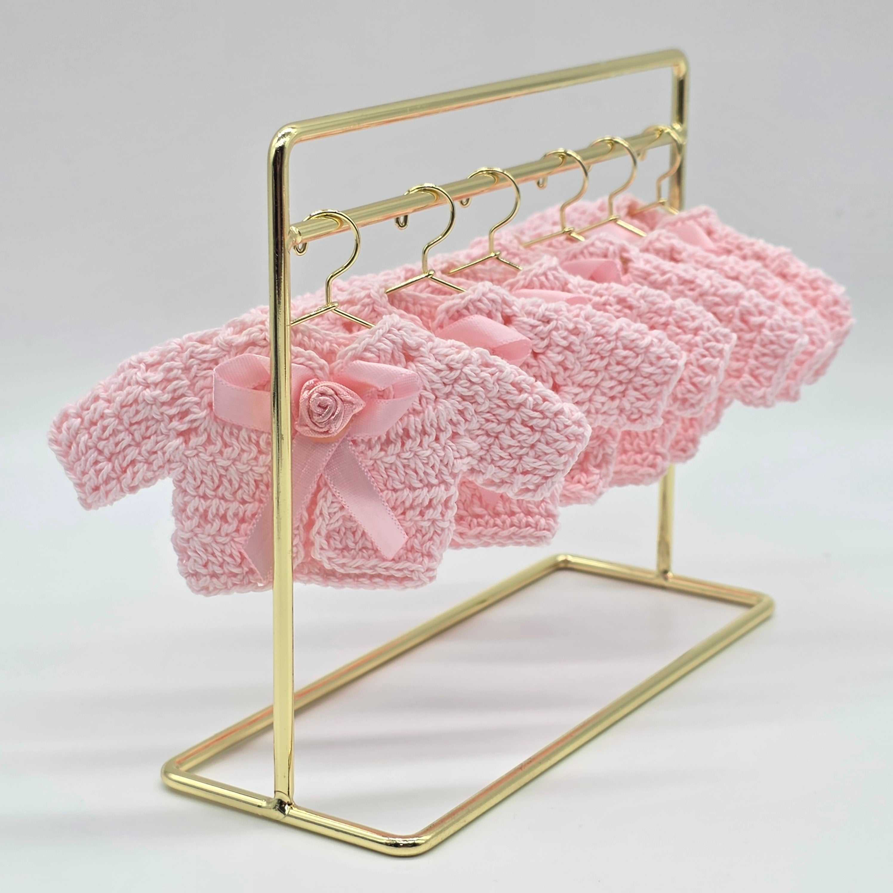 6pc Mini Pink Crochet Jacket Party Favor - Tiny Sweater Party Gift for Baby Shower & Reveal | With Gold or Rose Gold Hangers & Rack
