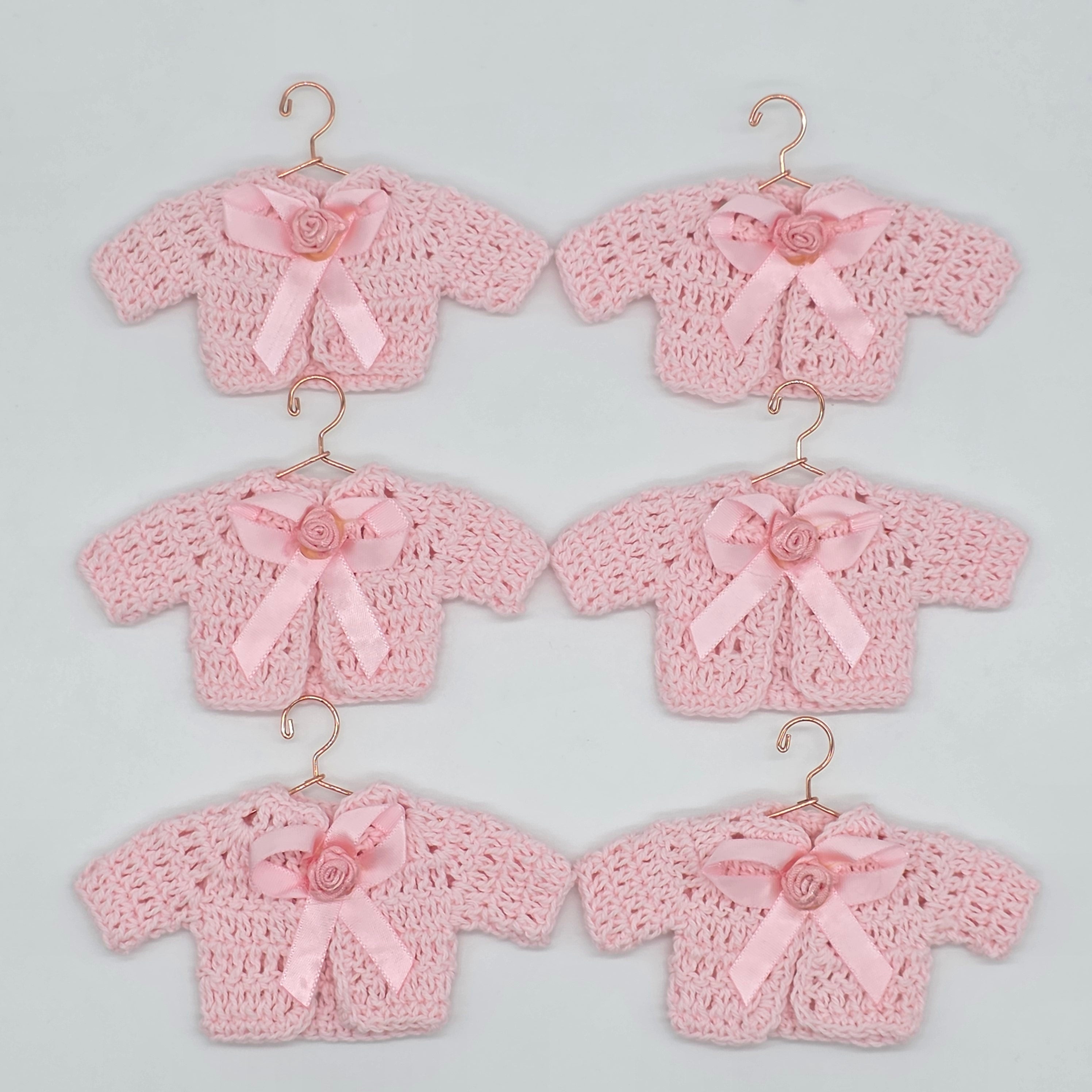 6pc Mini Pink Crochet Jacket Party Favor - Tiny Sweater Party Gift for Baby Shower & Reveal | With Gold or Rose Gold Hangers & Rack