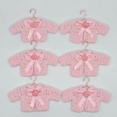 6pc Mini Pink Crochet Jacket Party Favor - Tiny Sweater Party Gift for Baby Shower & Reveal | With Gold or Rose Gold Hangers & Rack