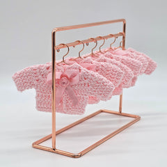 6pc Mini Pink Crochet Jacket Party Favor - Tiny Sweater Party Gift for Baby Shower & Reveal | With Gold or Rose Gold Hangers & Rack