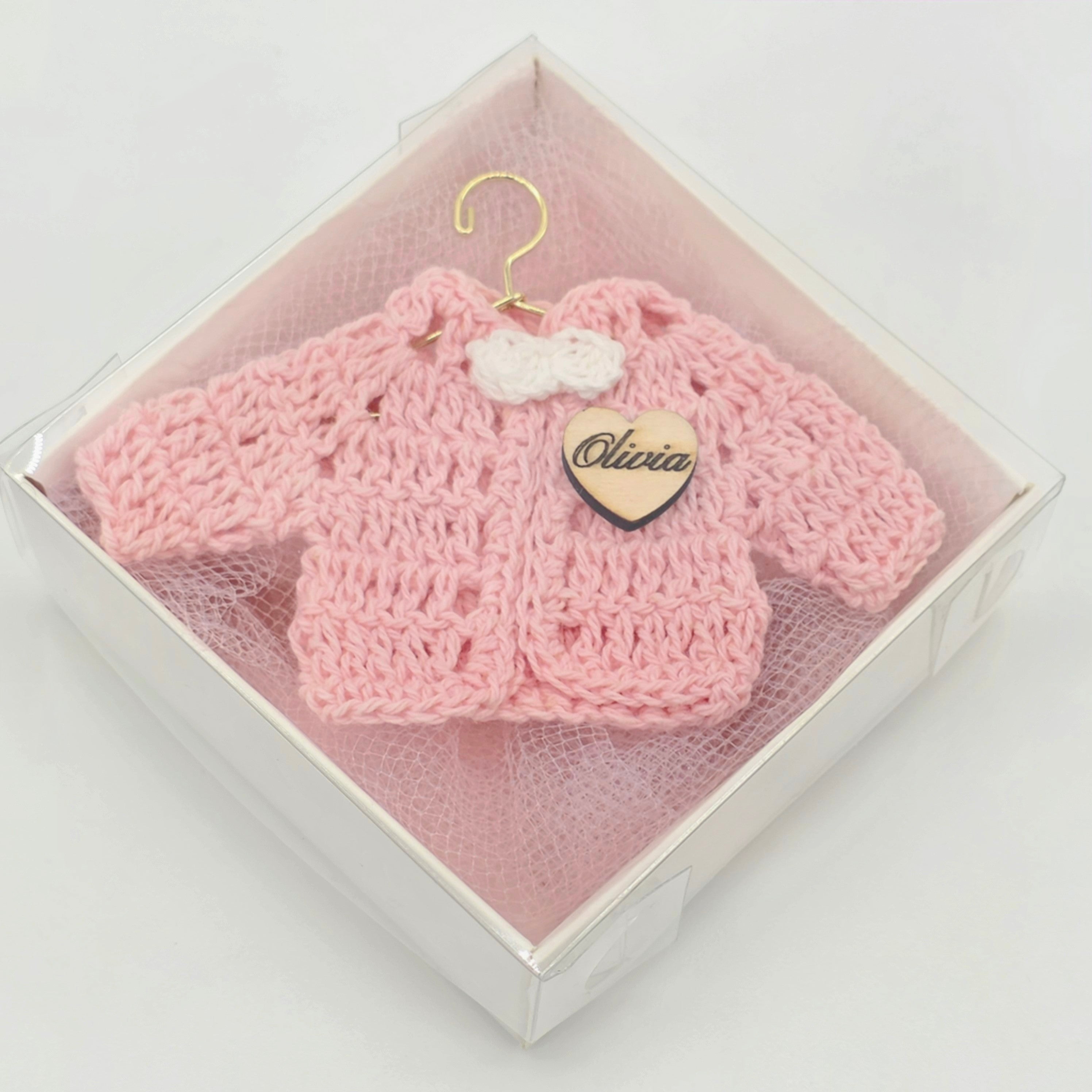 Set of 12 Personalized Pink Crochet Mini Jacket Party Favor & Party Gift Boxes - With Custom Wood Heart Charm For Baby Shower & Baptism
