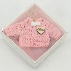 Set of 12 Personalized Pink Crochet Mini Jacket Party Favor & Party Gift Boxes - With Custom Wood Heart Charm For Baby Shower & Baptism