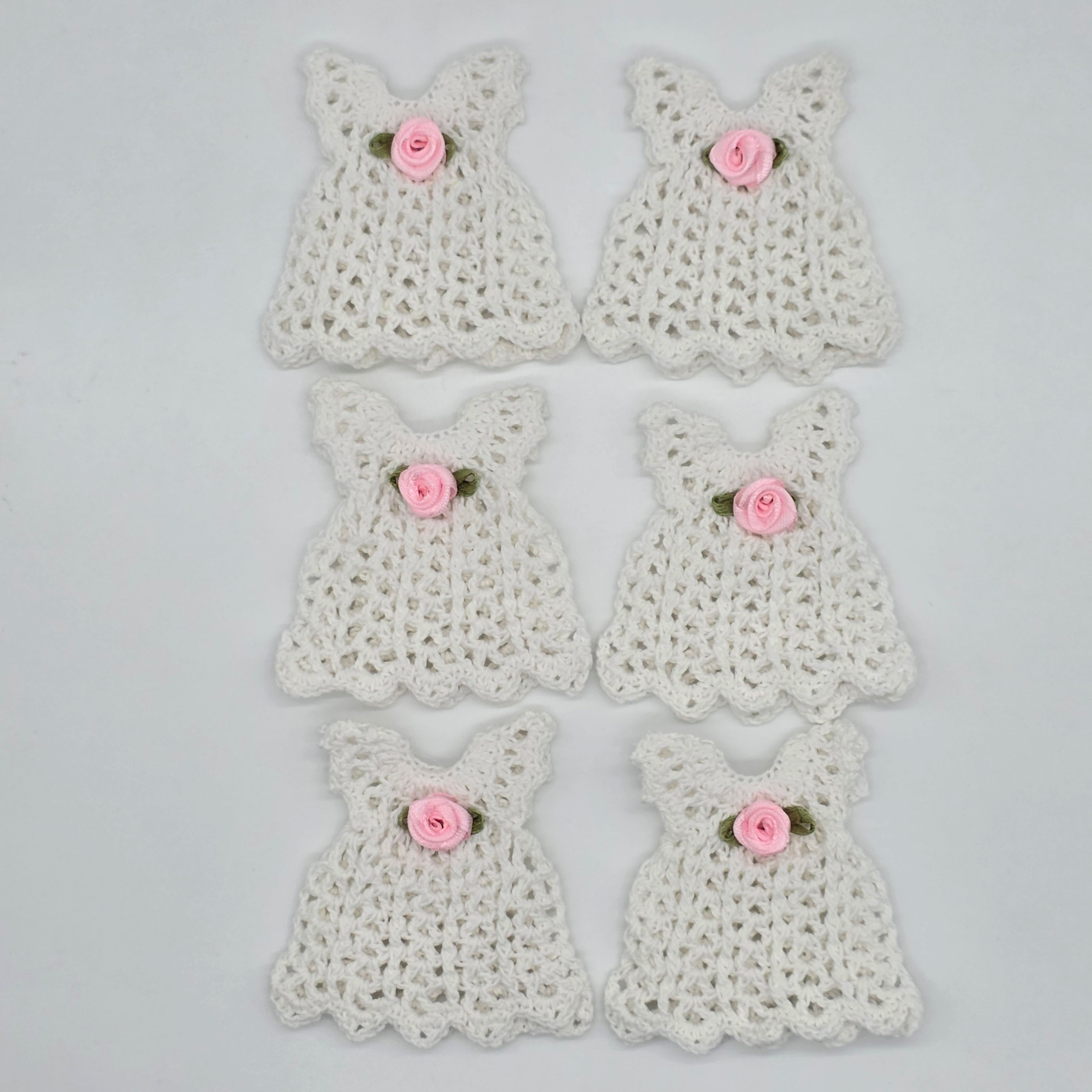 Mini Crochet Dress Favors Set of 6 - White Baby Shower Decor, Christening Decorations, Tiny Crocheted Dress Keepsakes with Hangers/Rack