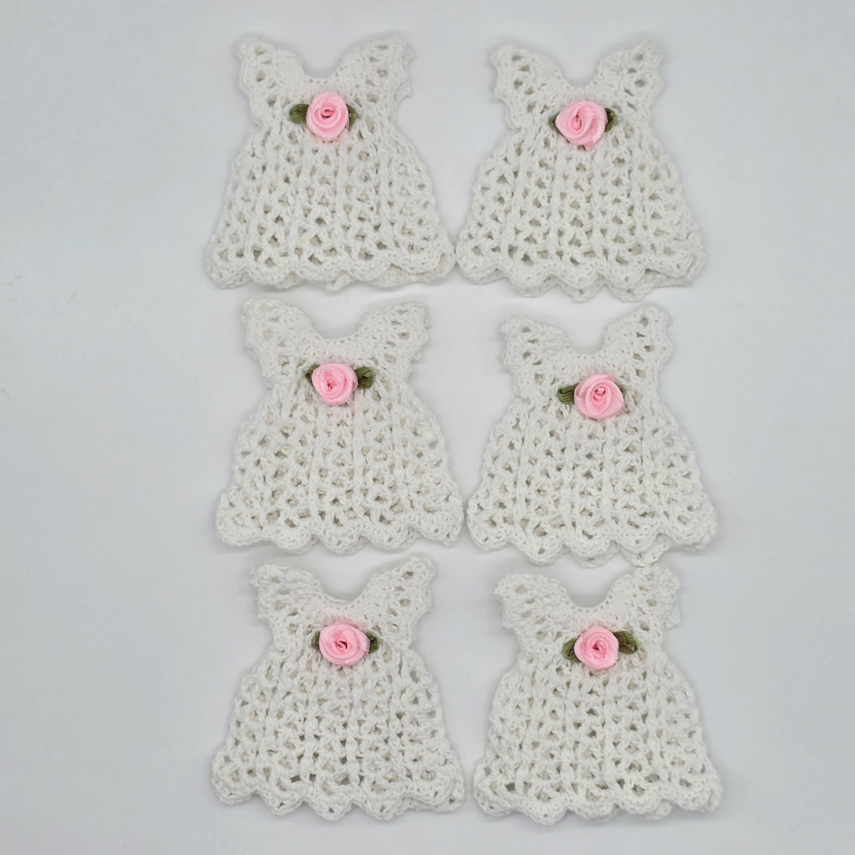 Mini Crochet Dress Favors Set of 6 - White Baby Shower Decor, Christening Decorations, Tiny Crocheted Dress Keepsakes with Hangers/Rack