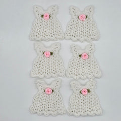 Mini Crochet Dress Favors Set of 6 - White Baby Shower Decor, Christening Decorations, Tiny Crocheted Dress Keepsakes with Hangers/Rack