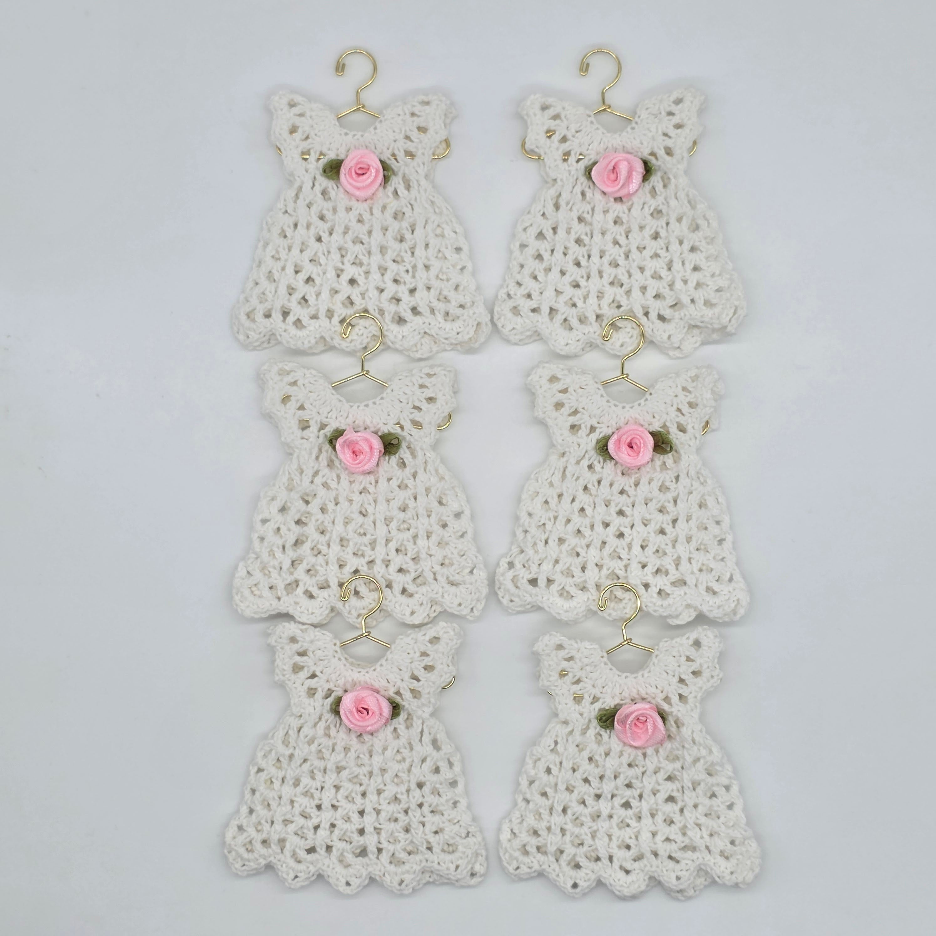 Mini Crochet Dress Favors Set of 6 - White Baby Shower Decor, Christening Decorations, Tiny Crocheted Dress Keepsakes with Hangers/Rack