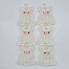Mini Crochet Dress Favors Set of 6 - White Baby Shower Decor, Christening Decorations, Tiny Crocheted Dress Keepsakes with Hangers/Rack