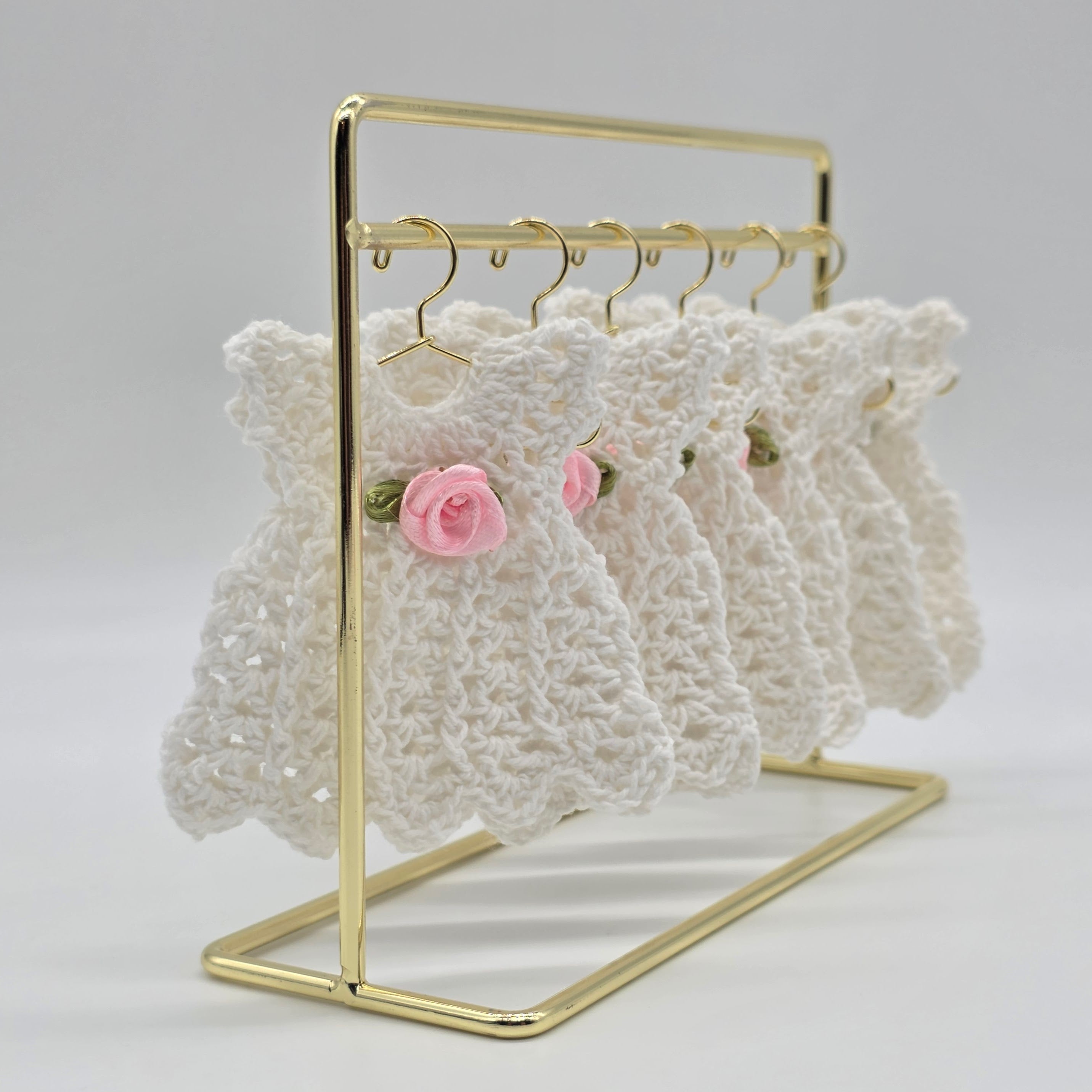 Mini Crochet Dress Favors Set of 6 - White Baby Shower Decor, Christening Decorations, Tiny Crocheted Dress Keepsakes with Hangers/Rack