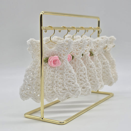 Mini Crochet Dress Favors Set of 6 - White Baby Shower Decor, Christening Decorations, Tiny Crocheted Dress Keepsakes with Hangers/Rack