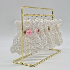 Mini Crochet Dress Favors Set of 6 - White Baby Shower Decor, Christening Decorations, Tiny Crocheted Dress Keepsakes with Hangers/Rack