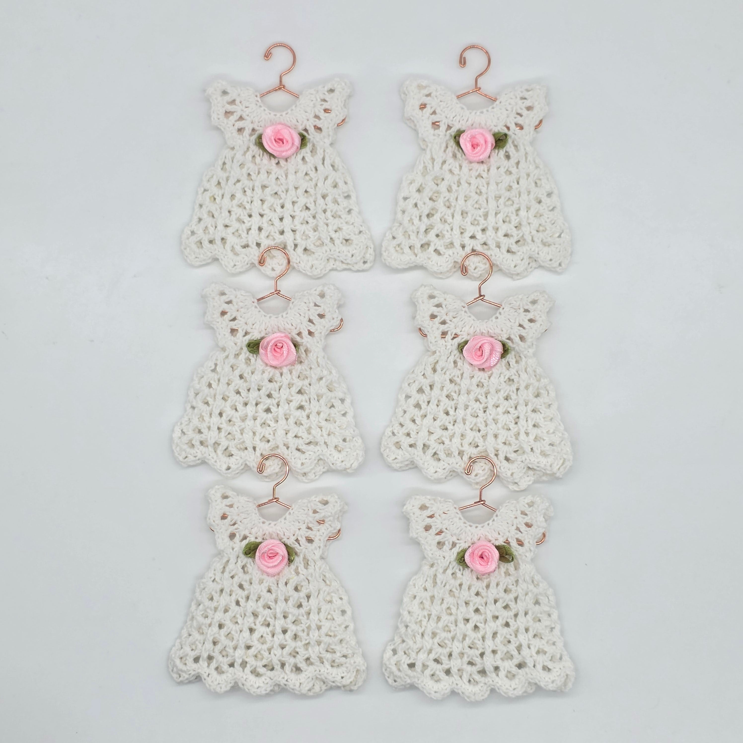 Mini Crochet Dress Favors Set of 6 - White Baby Shower Decor, Christening Decorations, Tiny Crocheted Dress Keepsakes with Hangers/Rack