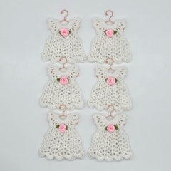 Mini Crochet Dress Favors Set of 6 - White Baby Shower Decor, Christening Decorations, Tiny Crocheted Dress Keepsakes with Hangers/Rack