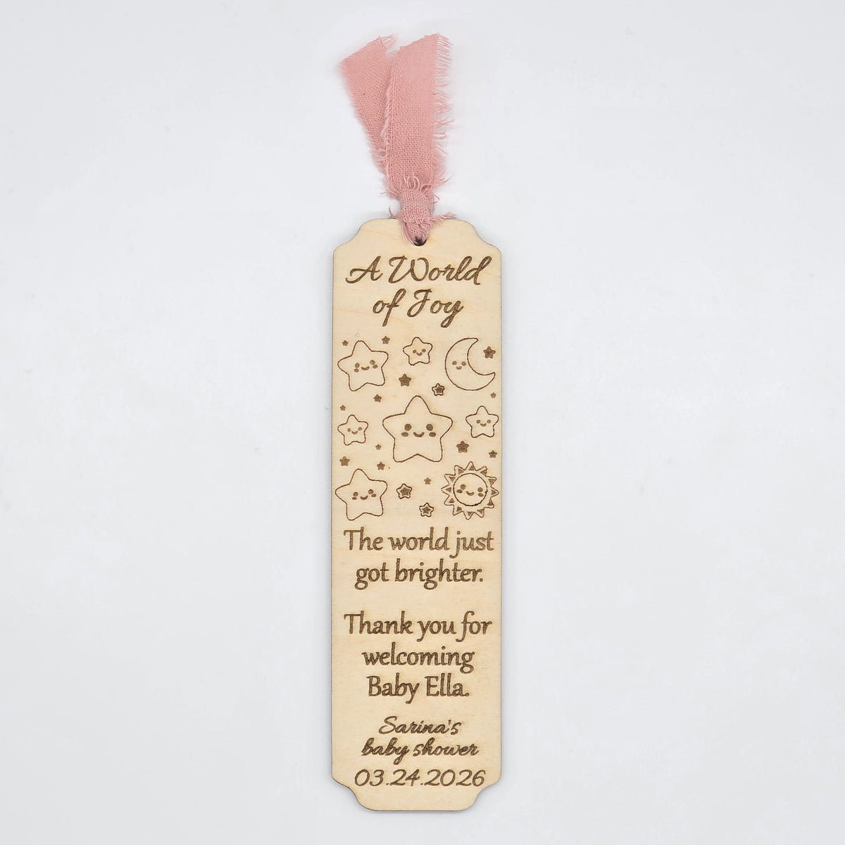 12 Personalized wood Baby Shower party favor bookmarks - Custom star moon celestial party gifts - Pink Blue Sage ribbon accent options