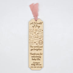 12 Personalized wood Baby Shower party favor bookmarks - Custom star moon celestial party gifts - Pink Blue Sage ribbon accent options