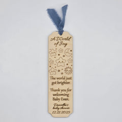 12 Personalized wood Baby Shower party favor bookmarks - Custom star moon celestial party gifts - Pink Blue Sage ribbon accent options