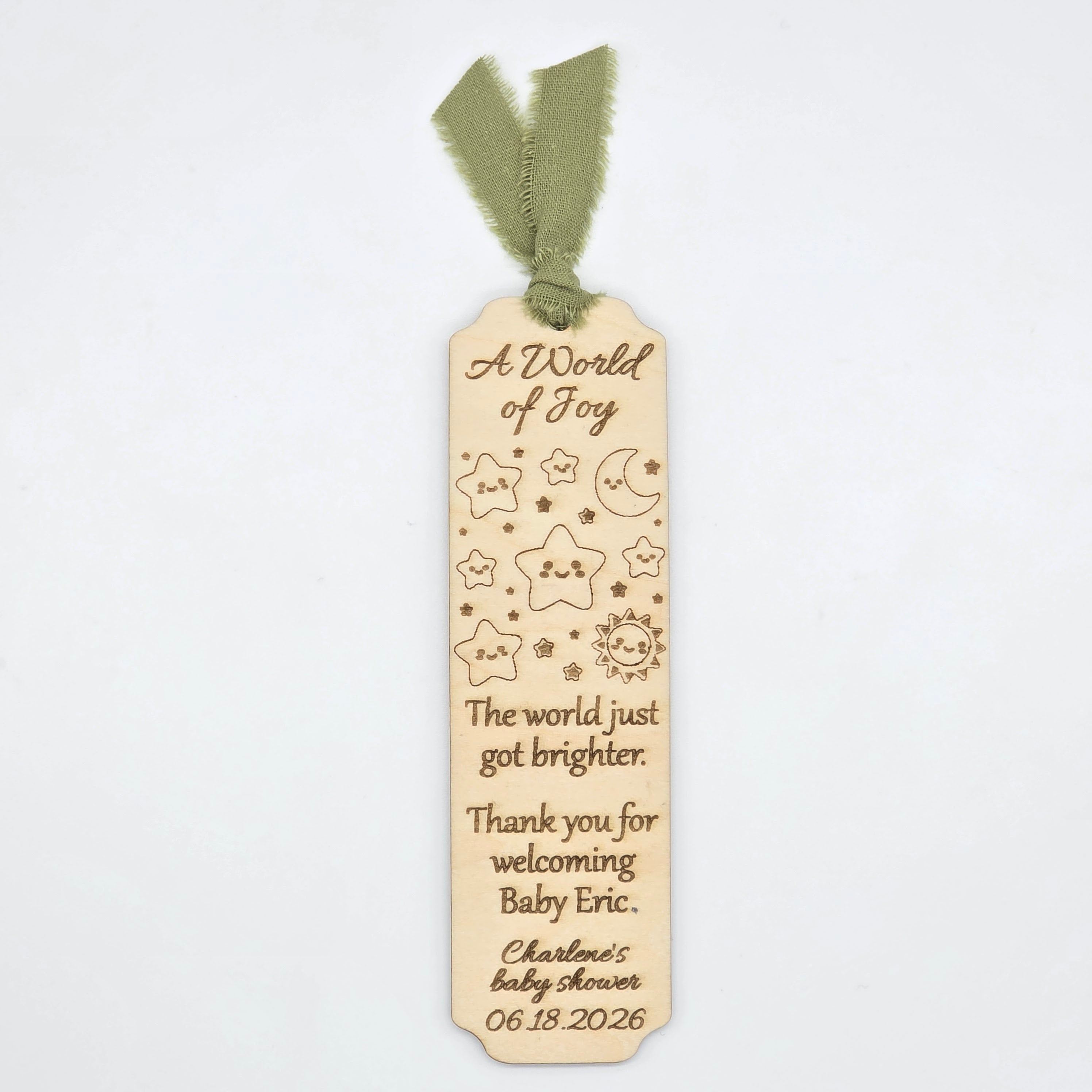 12 Personalized wood Baby Shower party favor bookmarks - Custom star moon celestial party gifts - Pink Blue Sage ribbon accent options