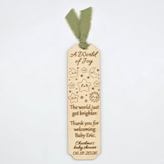 12 Personalized wood Baby Shower party favor bookmarks - Custom star moon celestial party gifts - Pink Blue Sage ribbon accent options