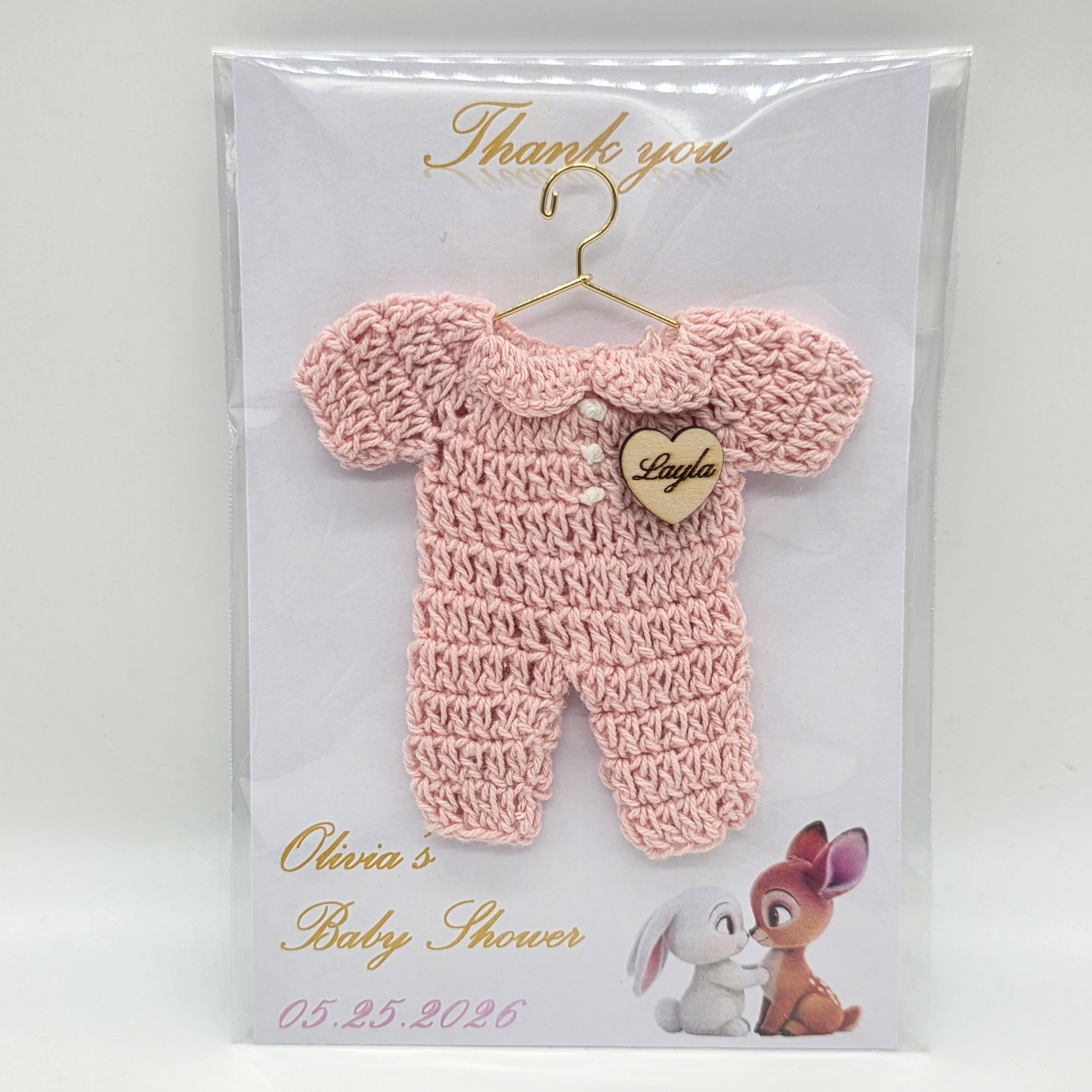 Set of 6 Personalized Baby Shower Party Gift - Custom Crochet Pink Onesie Favors with Engraved Heart on Exclusive 4x6 Art Card and Cello