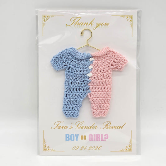 Set of 6 Crochet Gender Reveal Favors | Pink & Blue Mini Onesie on 4x6 Personalized Card | Boy or Girl Party Souvenir | Thank You Keepsake