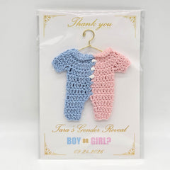 Set of 6 Crochet Gender Reveal Favors | Pink & Blue Mini Onesie on 4x6 Personalized Card | Boy or Girl Party Souvenir | Thank You Keepsake