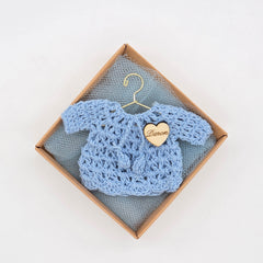 Personalized Blue Crochet Sweater Favors, Set of 12 Custom Baby Shower Keepsakes, Engraved Heart Baptism Cardigan in Display Box