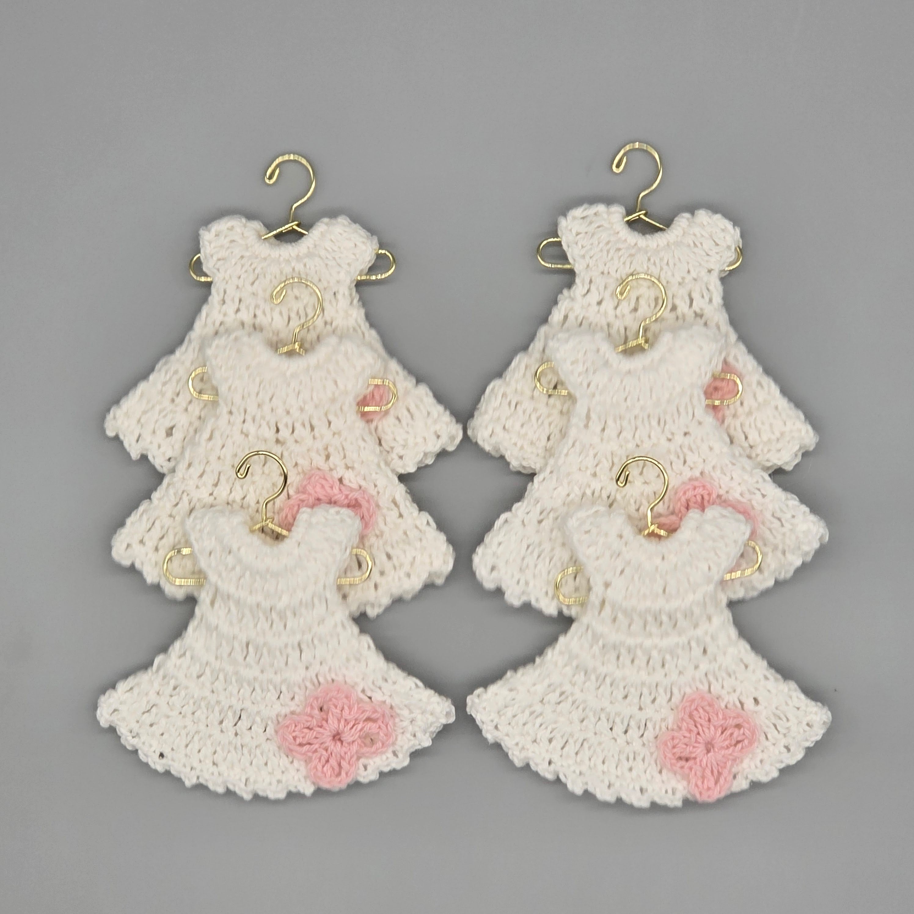 Set of 6 - White crochet Baby Dress with Pink Flower, Baby shower favors, Baby Pink, Baby welcome, Crochet mini dress, quinceanera communion