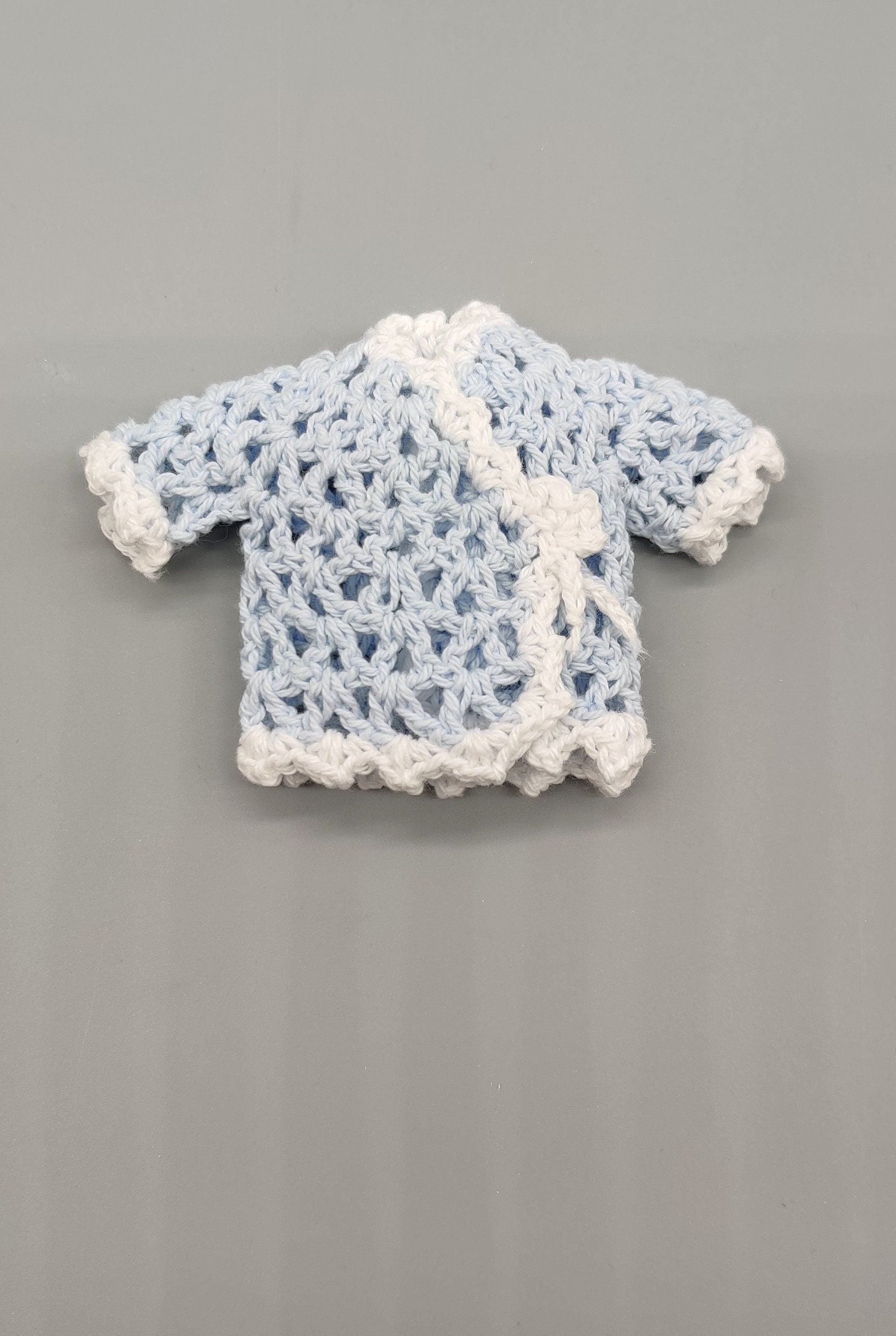 Crochet mini jacket, baby blue with white trim, cute favors, baby shower, baby welcome, crochet favors, baby shower favours, Set of 6