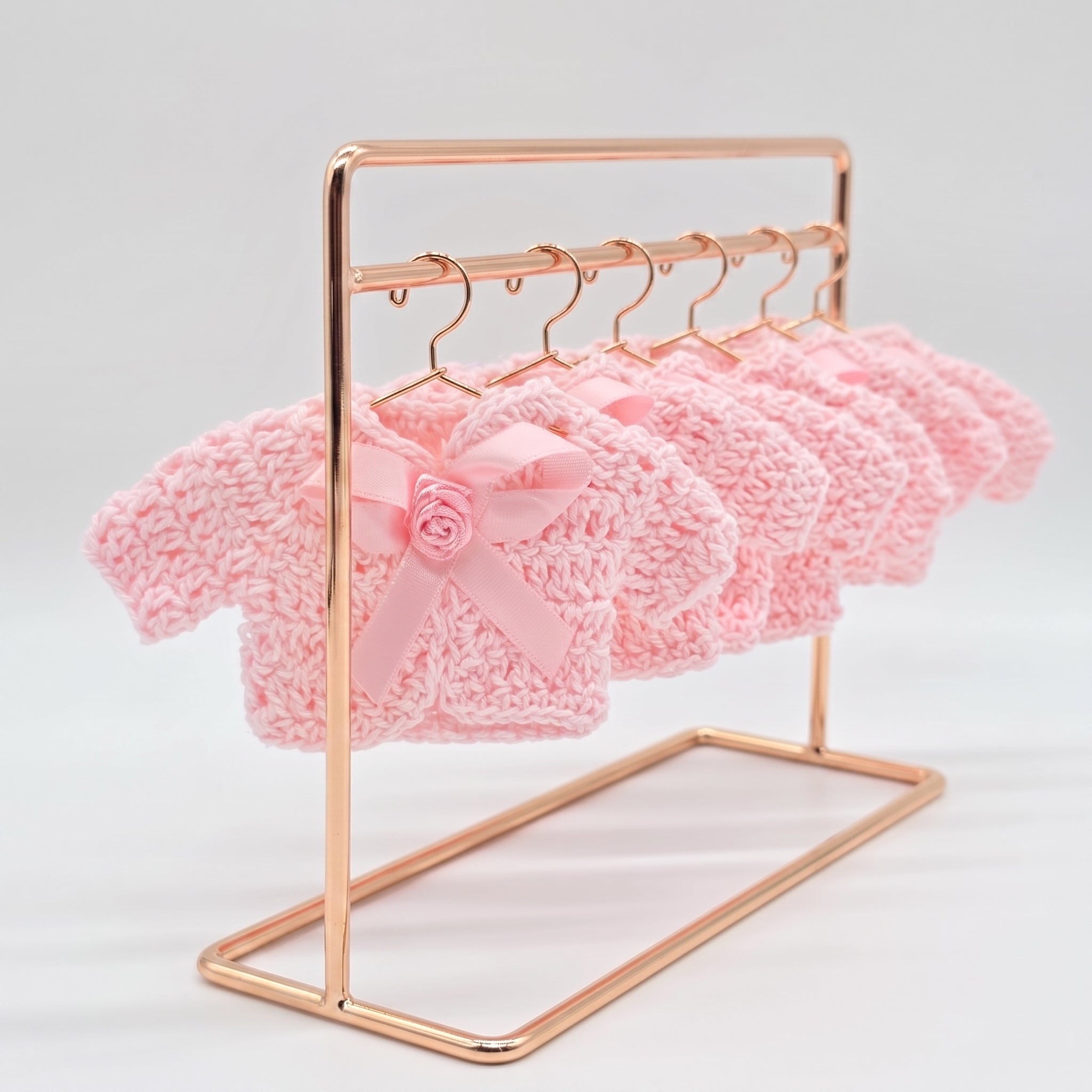 Mini Pink Crochet Cardigan Favors with Bow & Rose, Baby Shower Party Favors, Dollhouse Clothes, Set of 6 with Wire Hangers & Display Rack