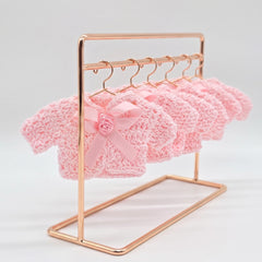 Mini Pink Crochet Cardigan Favors with Bow & Rose, Baby Shower Party Favors, Dollhouse Clothes, Set of 6 with Wire Hangers & Display Rack
