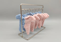 Gender reveal favors, Baby Blue & Baby Pink Crochet mini outfit, Boy or Girl, baby shower favor, favors with hanger/rack option. Set of 6.