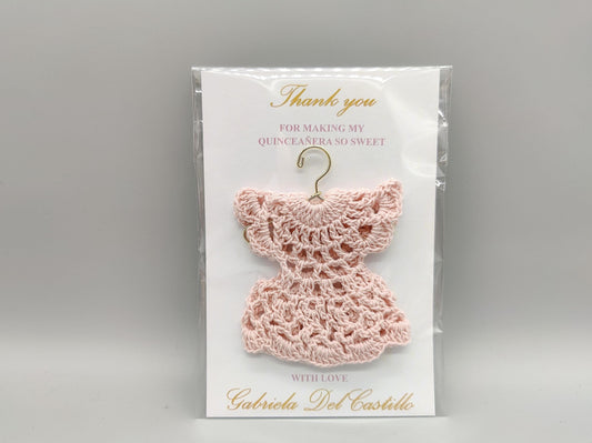 Quinceanera Party Favor with Custom Name & Date, Crochet Favor with Hanger, Personalized Card. Ships Fast and Free! Set of 6