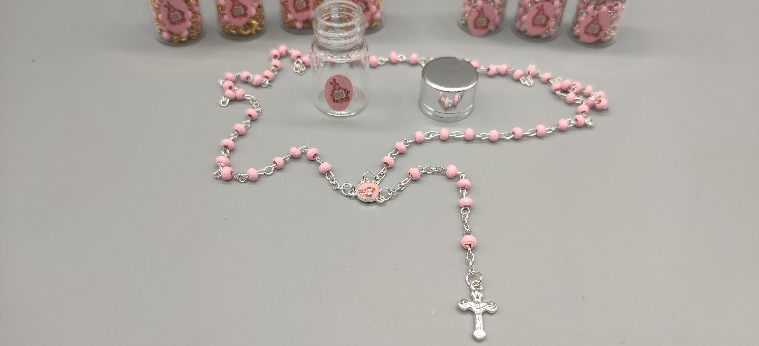 Baptism Favor - Baby Pink Beaded Rosary Necklace Crucifix Elegant Glass bottle Set of 12 - Choice of Gold or Silver - Recuerdos de Bautizo