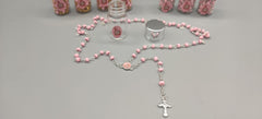 Baptism Favor - Baby Pink Beaded Rosary Necklace Crucifix Elegant Glass bottle Set of 12 - Choice of Gold or Silver - Recuerdos de Bautizo