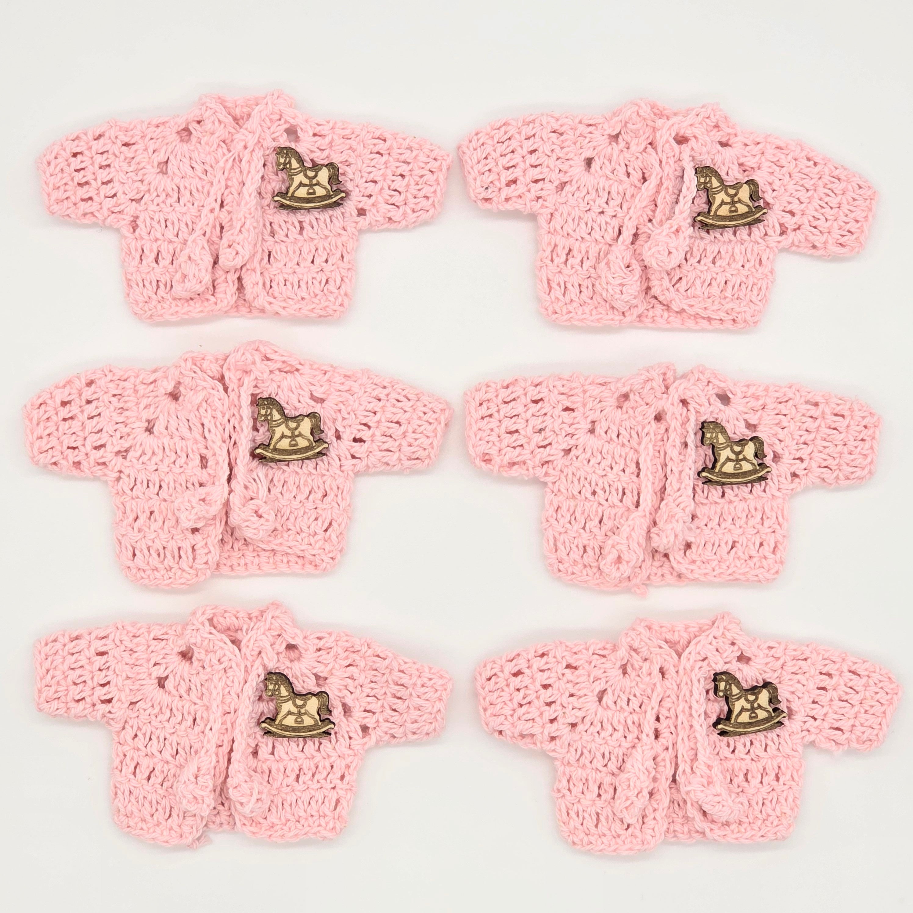 Set of 6 Mini Crochet Baby Shower Favors - Pink Tiny Party Gifts - Jacket Keepsakes with Rocking Horse Charm & Gold Hanger Options