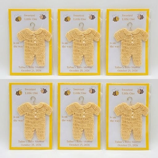 Bee Baby Shower Favors Set of 6 | Mini Crochet Yellow Onesie on 4x6 Custom Card | Personalized Guest Gifts | Gender Neutral Favor