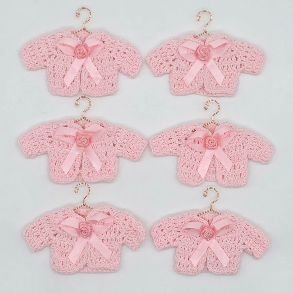 Mini Pink Crochet Cardigan Favors with Bow & Rose, Baby Shower Party Favors, Dollhouse Clothes, Set of 6 with Wire Hangers & Display Rack