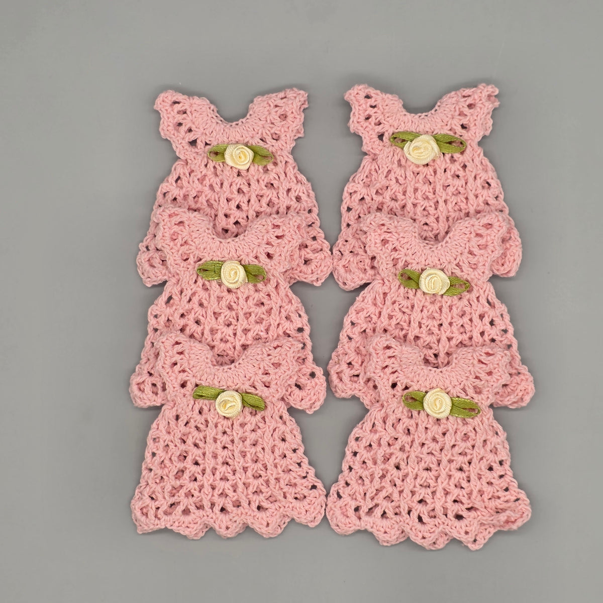 Mini Crochet Dress Favors Set of 6 - Pink Baby Shower Decor, Christening Decorations, Tiny Crocheted Dress Keepsakes with Hangers/Rack