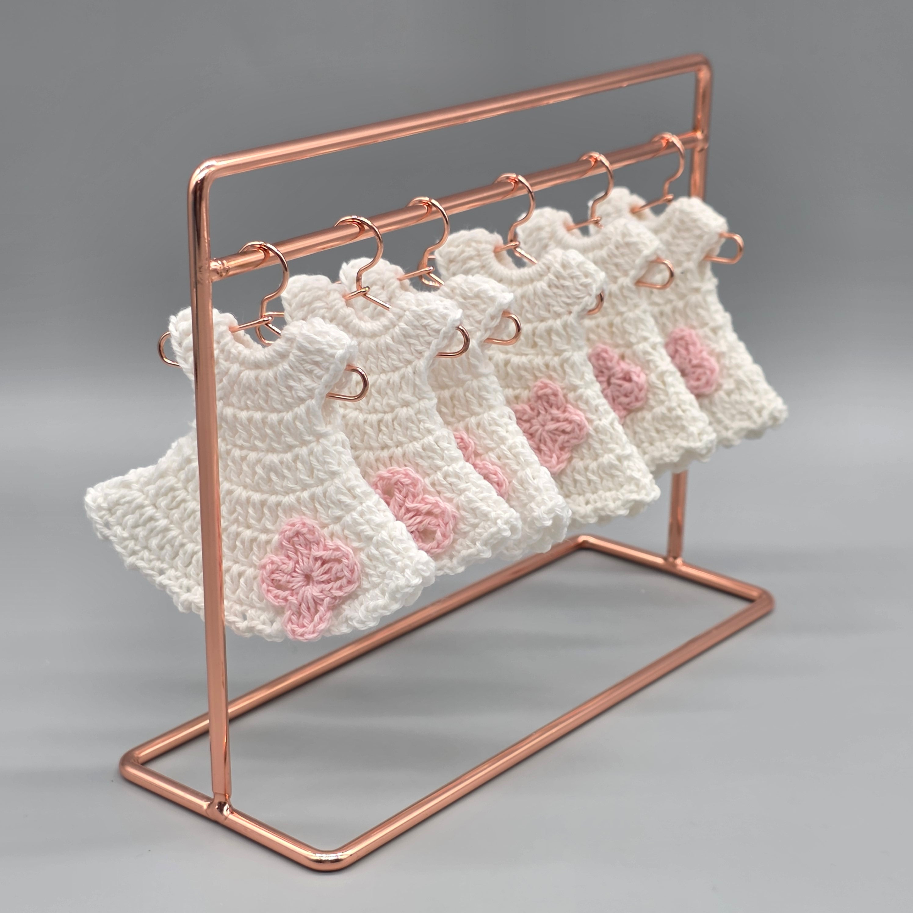 Set of 6 - White crochet Baby Dress with Pink Flower, Baby shower favors, Baby Pink, Baby welcome, Crochet mini dress, quinceanera communion