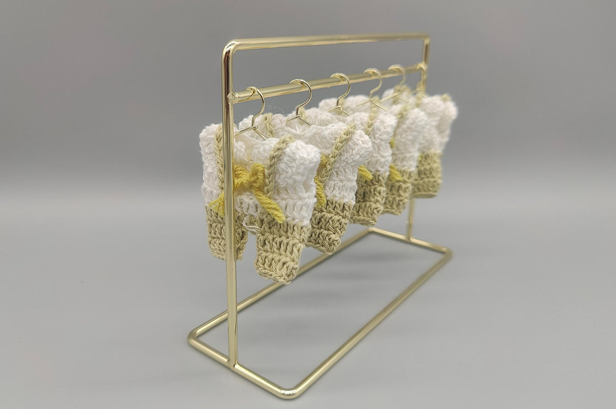 Set of 6 Mini Crochet Baby Overall Favors with bowtie - Sage Green - Baby Shower, Gender Reveal, Baby Welcome - Hanger and rack options!