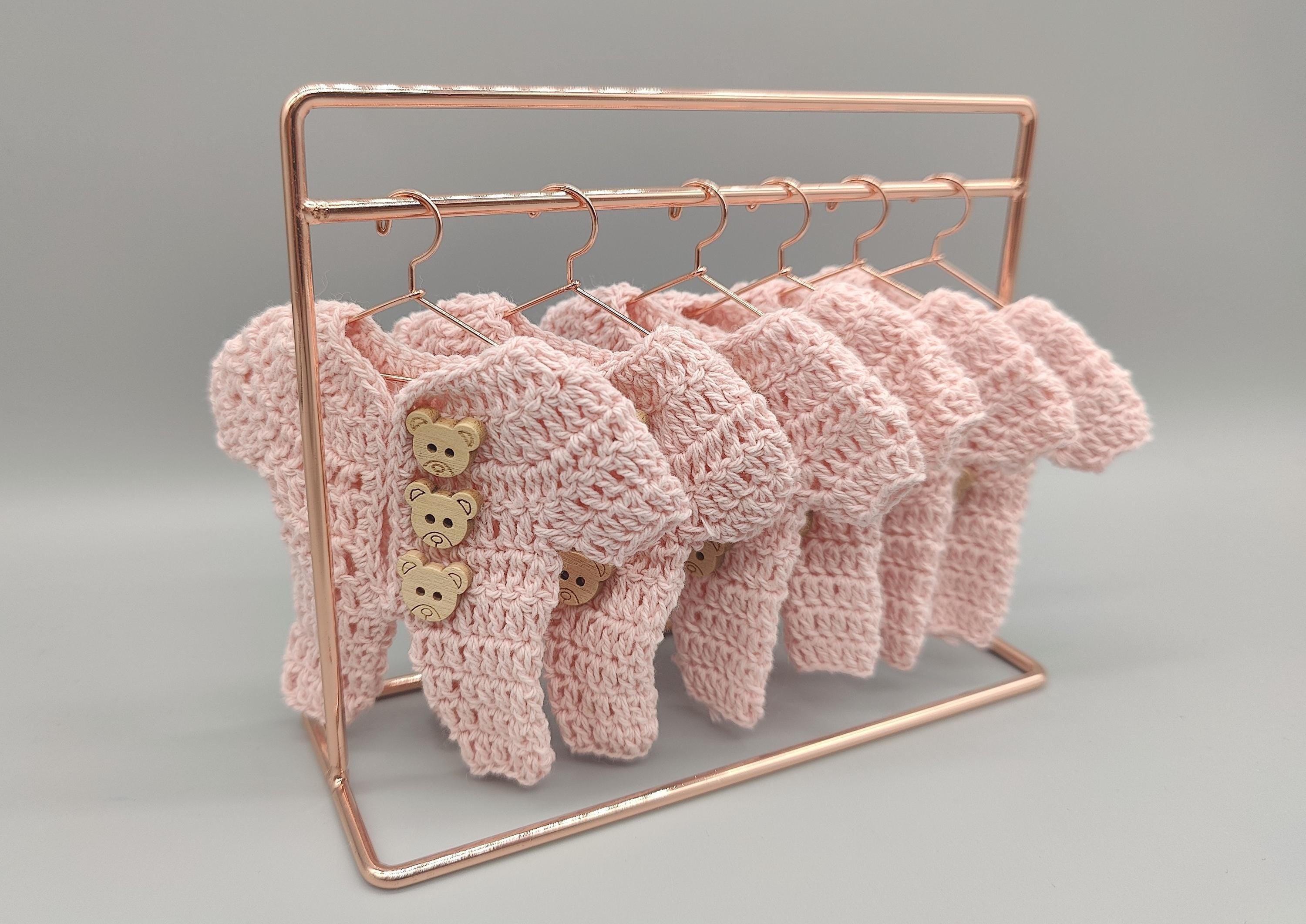 Set of 6 - Baby Pink Crochet Onesie with Wooden Teddy Bear Buttons, Baby shower, Baby welcome favors, Crochet mini outfit